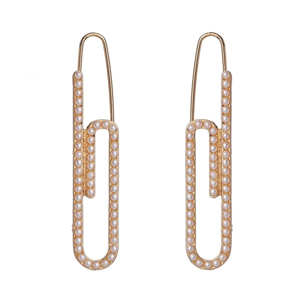 Gold Paperclip Earring with Faux Pearls